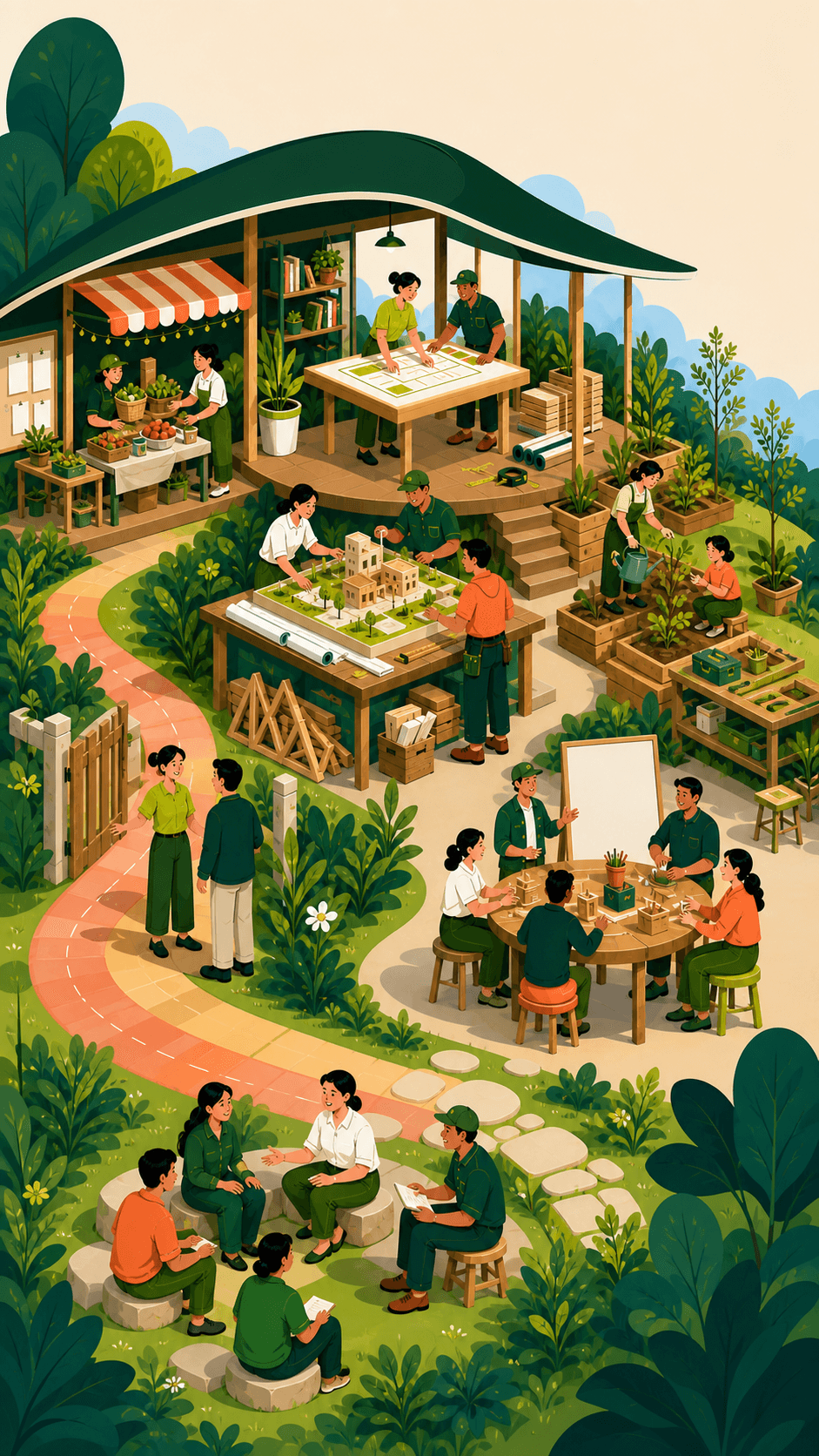 An illustrated Groundwork cutaway where people open access, plan expansion, build structures, tend long-term stewardship, and strengthen capacity.