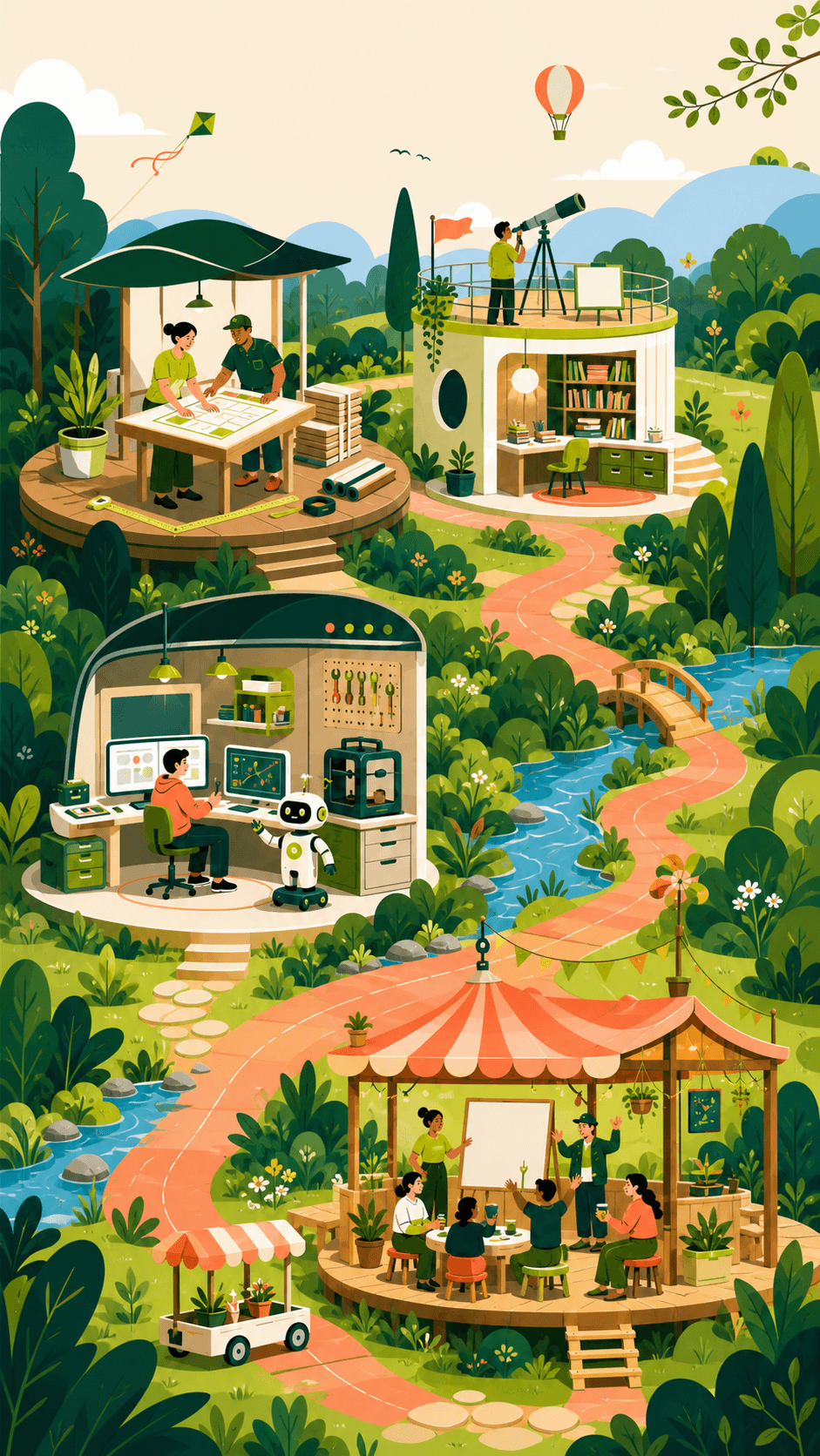 An illustrated miniature landscape where people plan, research, build technology, and work together.