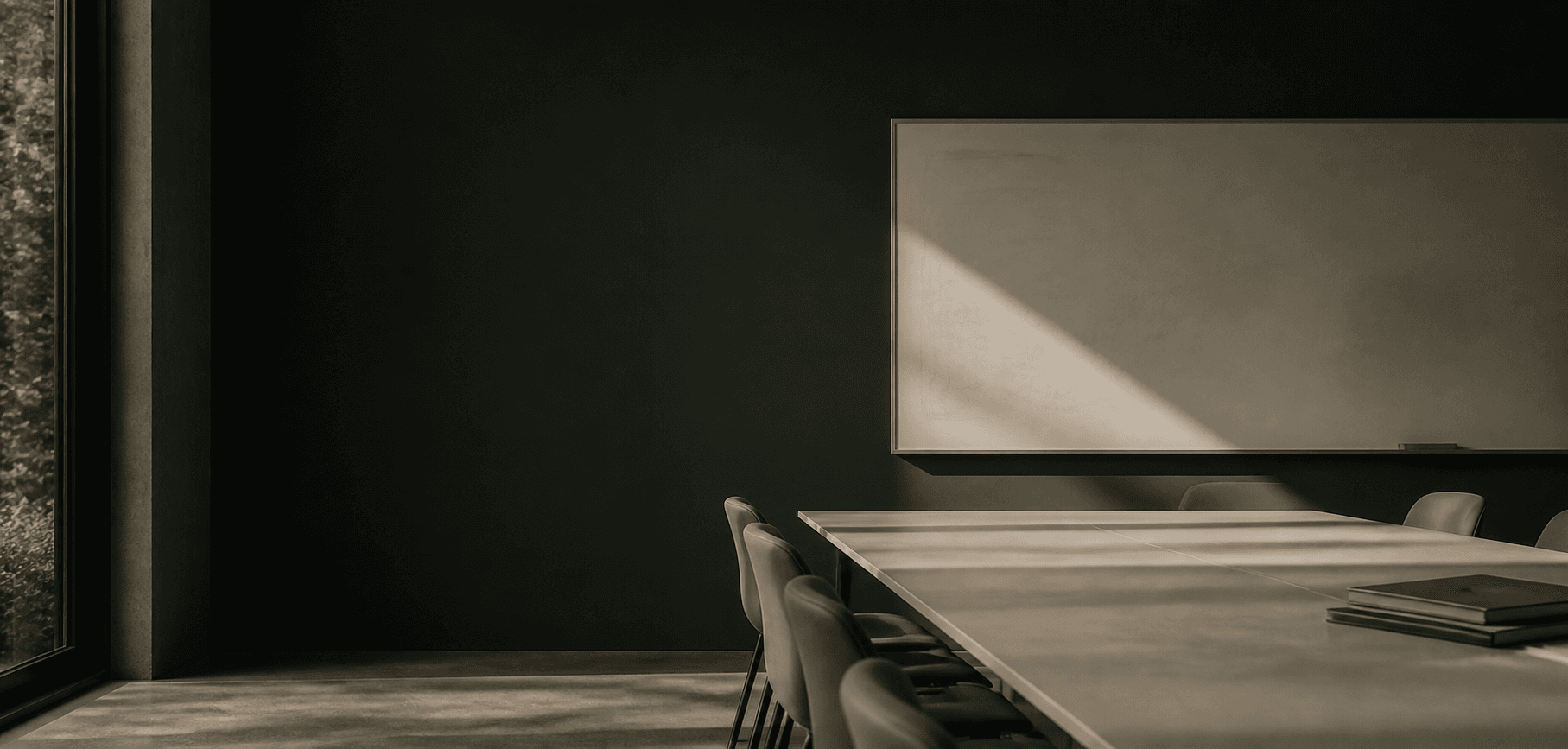 An empty review room with documents arranged across a long table.