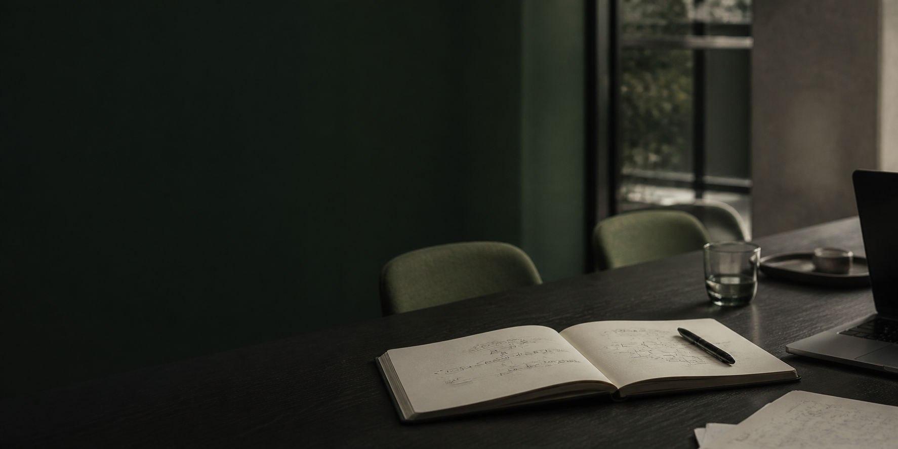 A workshop table prepared with a notebook and laptop